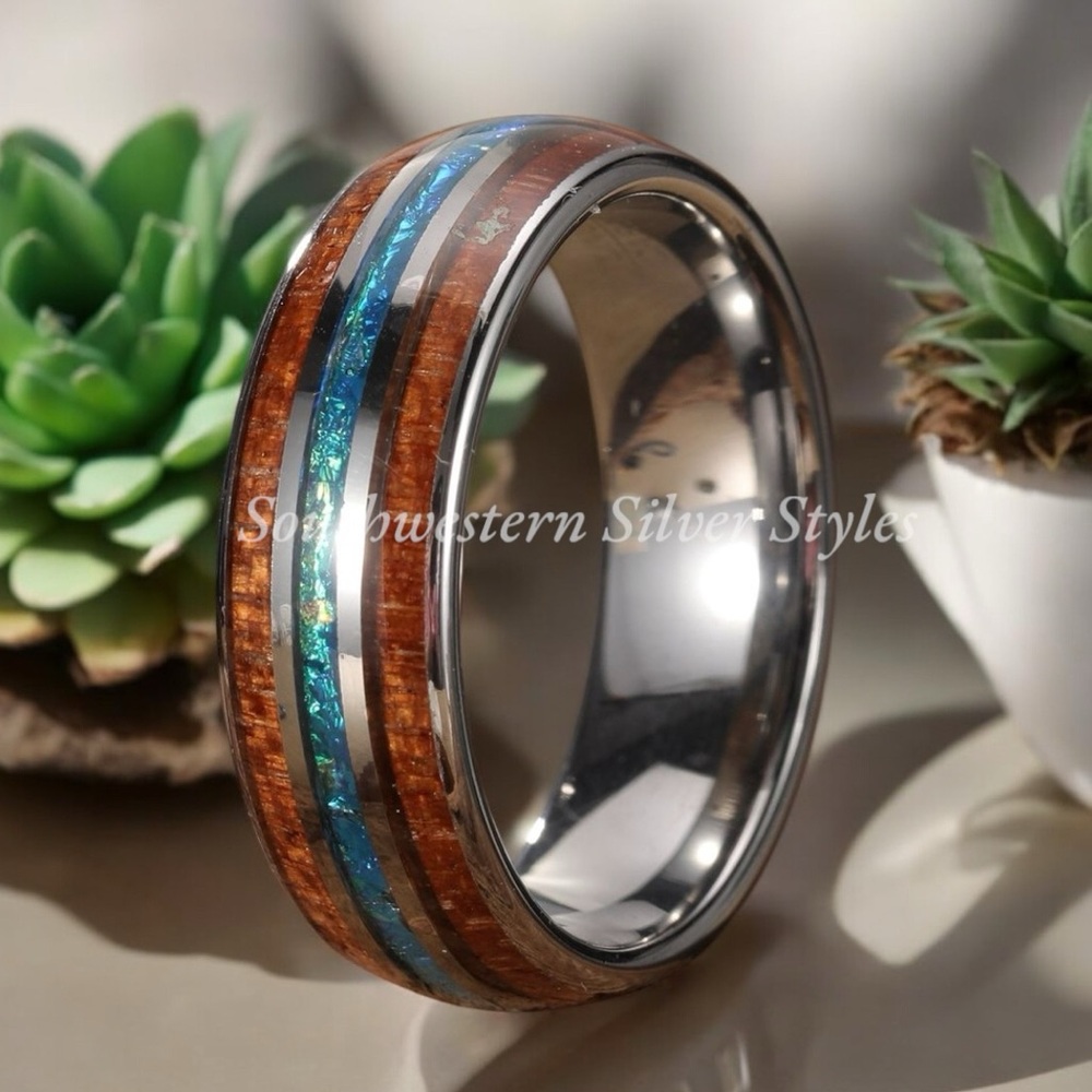 Tungsten Carbide Steel Hawaiian Koa Wood & Iridescent Abalone Shell Size 7 Ring